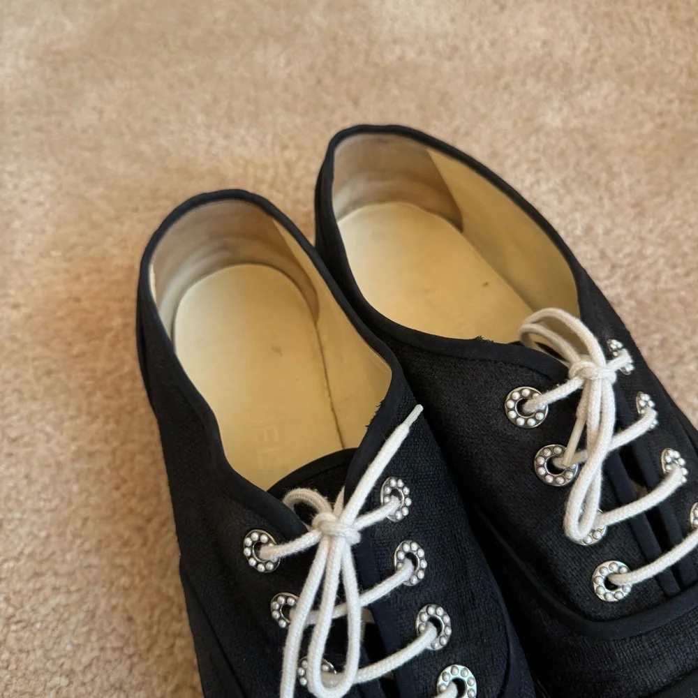 Chanel Lace Up Cotton Loafers Espadrilles 41 Black White